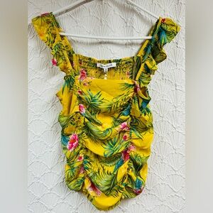 NWT XS Rose & Olive Yellow Tropical Floral Blouse